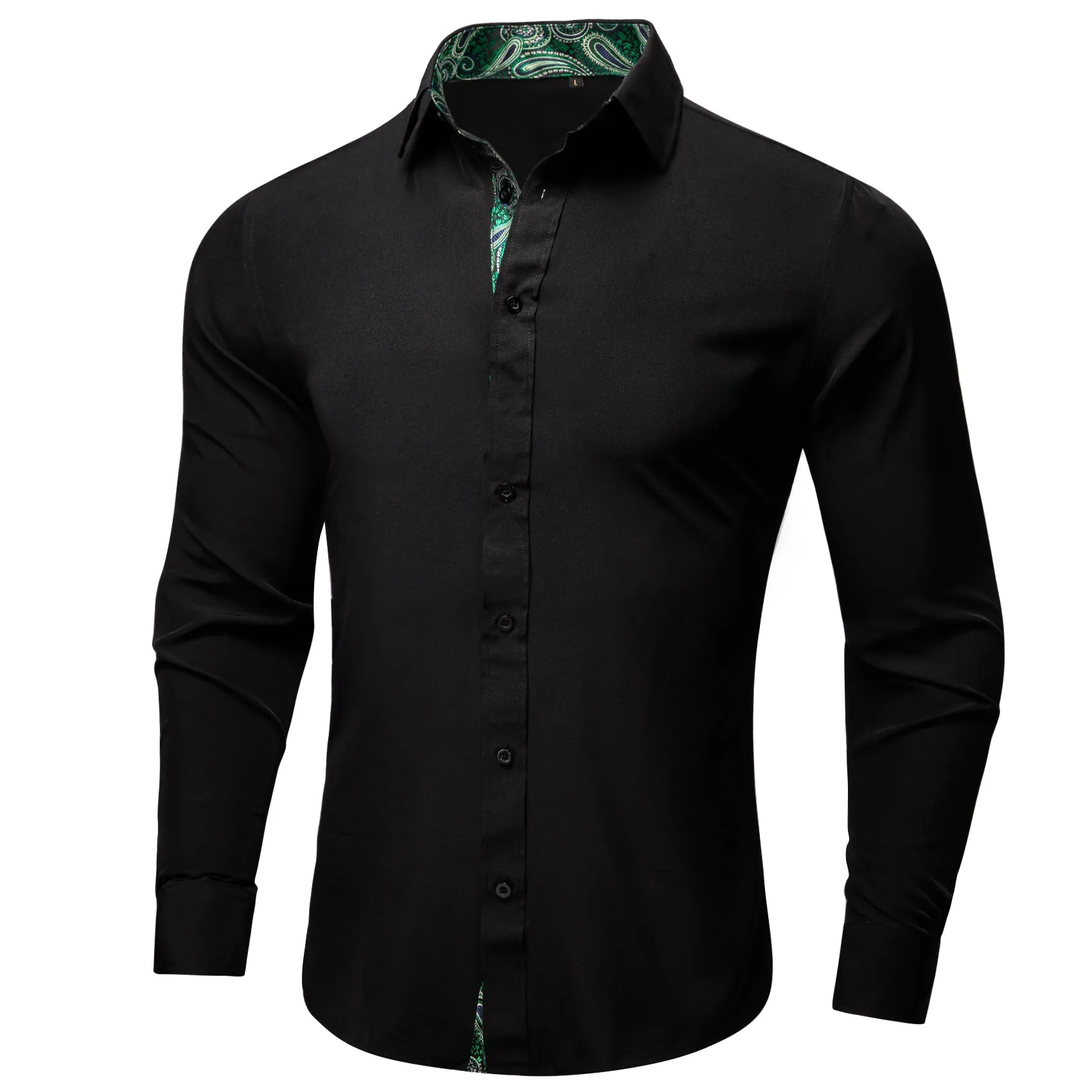Splicing Style Black with Green Paisley Edge Men's Solid Long Sleeve Shirt sold by Ties2You