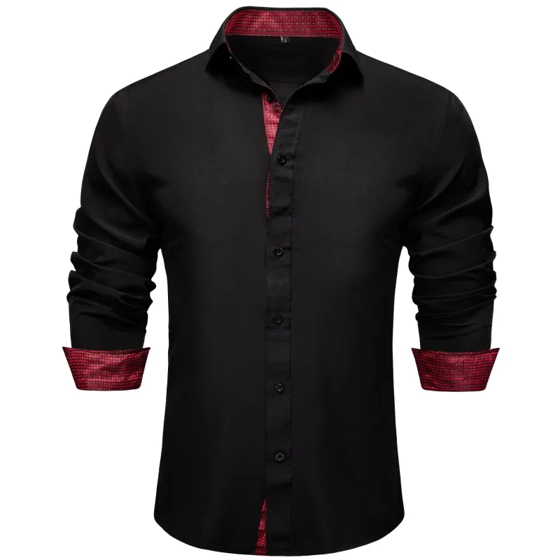 Splicing Style Black with Burgundy Plaid Edge Men's Solid Long Sleeve Shirt sold by Ties2You