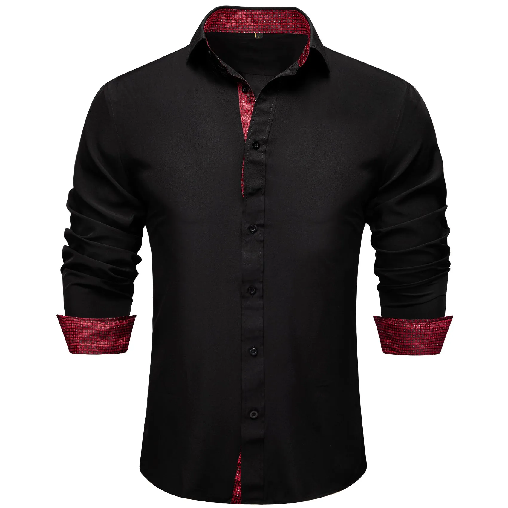 Splicing Style Black with Burgundy Plaid Edge Men's Solid Long Sleeve Shirt sold by Ties2You