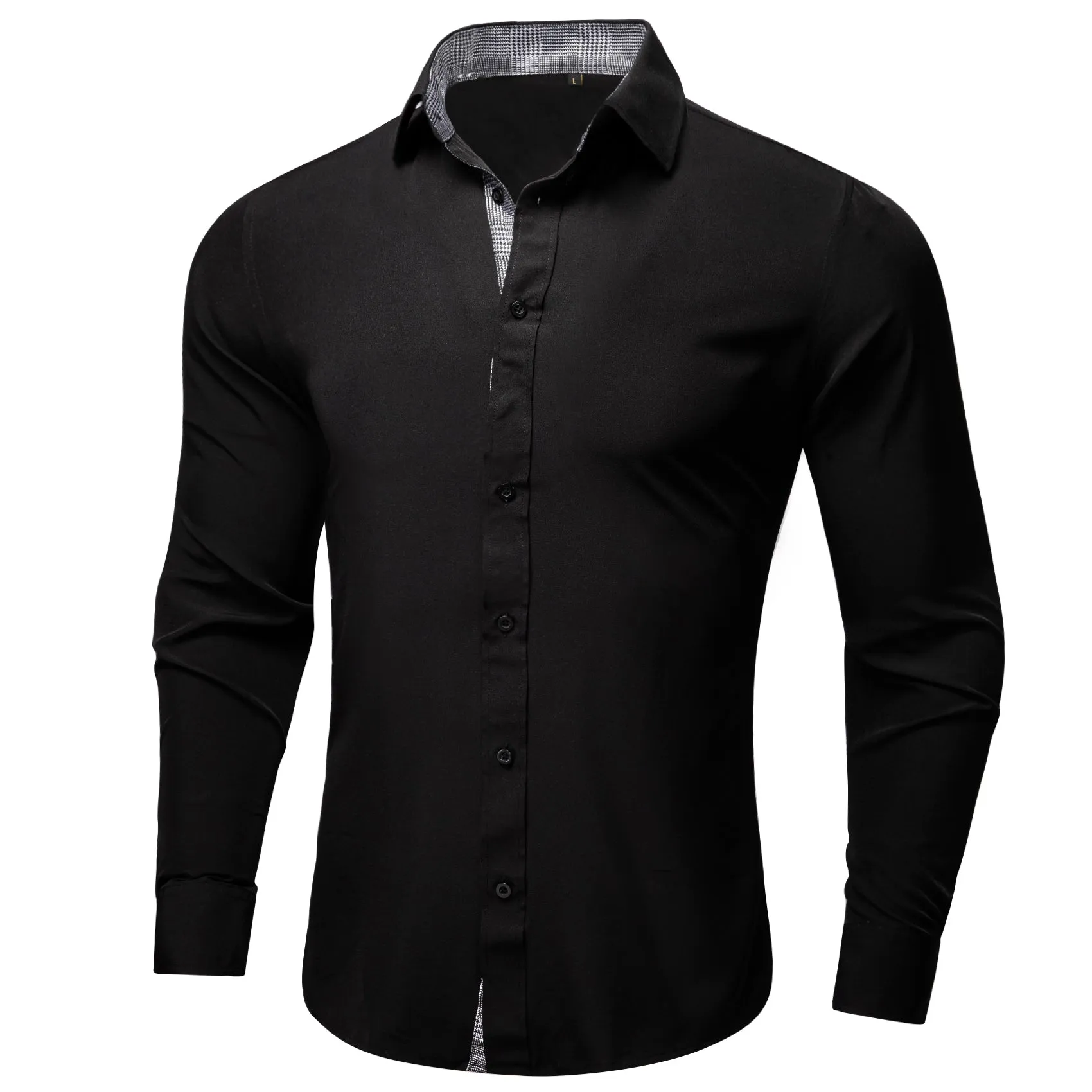 Splicing Style Black with Grey Plaid Edge Men's Solid Long Sleeve Shirt sold by Ties2You