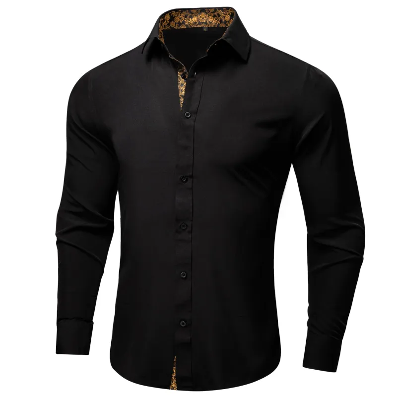 Splicing Style Black with Golden Floral Edge Men's Solid Long Sleeve Shirt sold by Ties2You