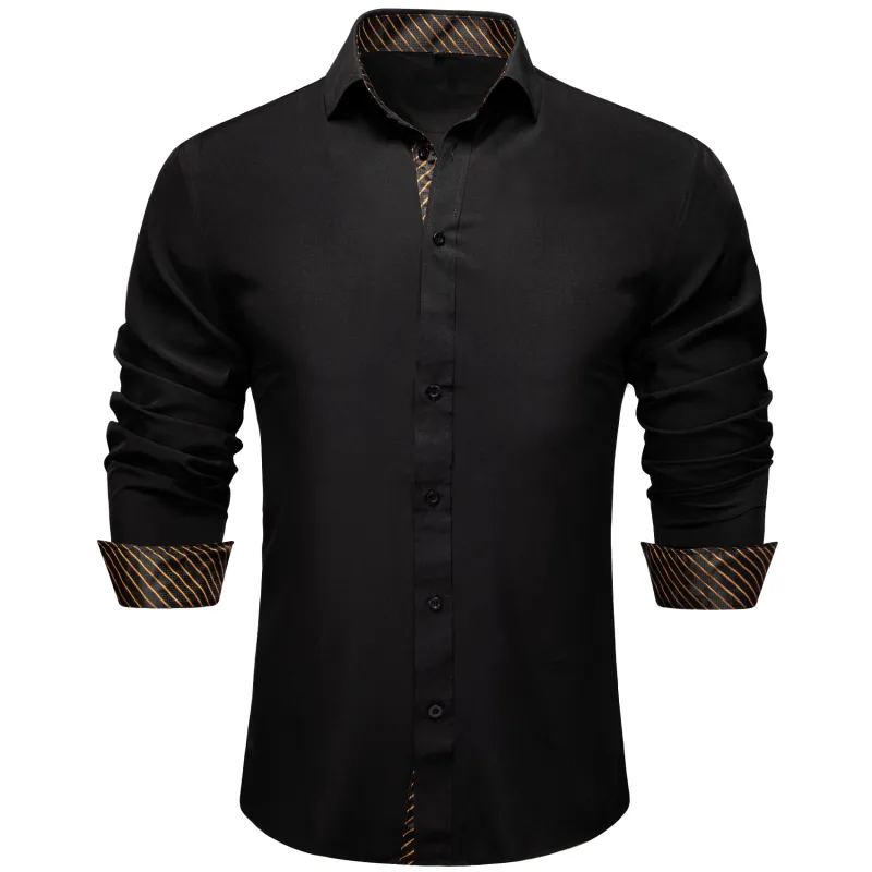 Splicing Style Black with Golden Striped Edge Men's Solid Long Sleeve Shirt sold by Ties2You