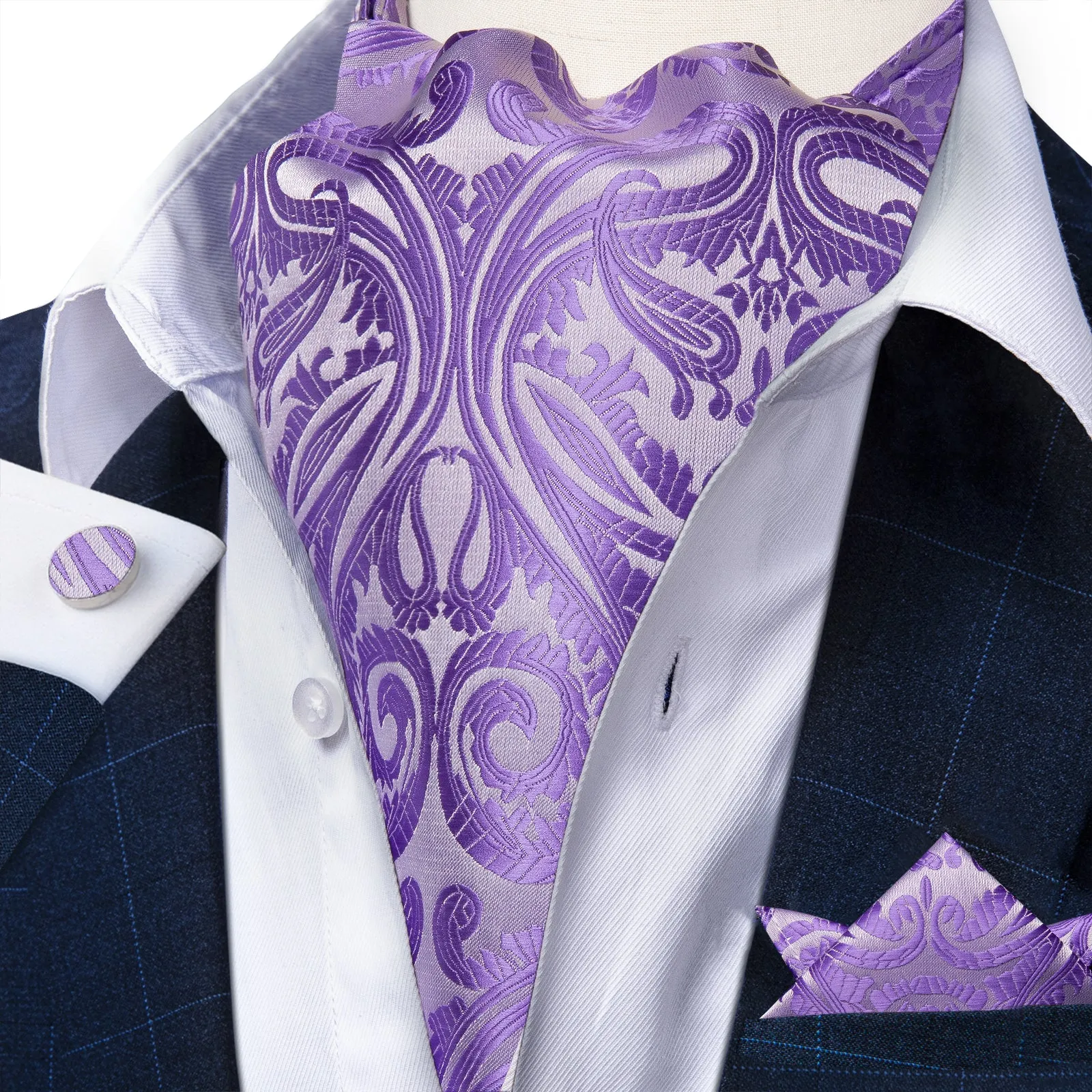 Silver Purple Paisley Ascot Cravat Tie Pocket Square Cufflinks Set sold by Ties2You product image thumbnail 2