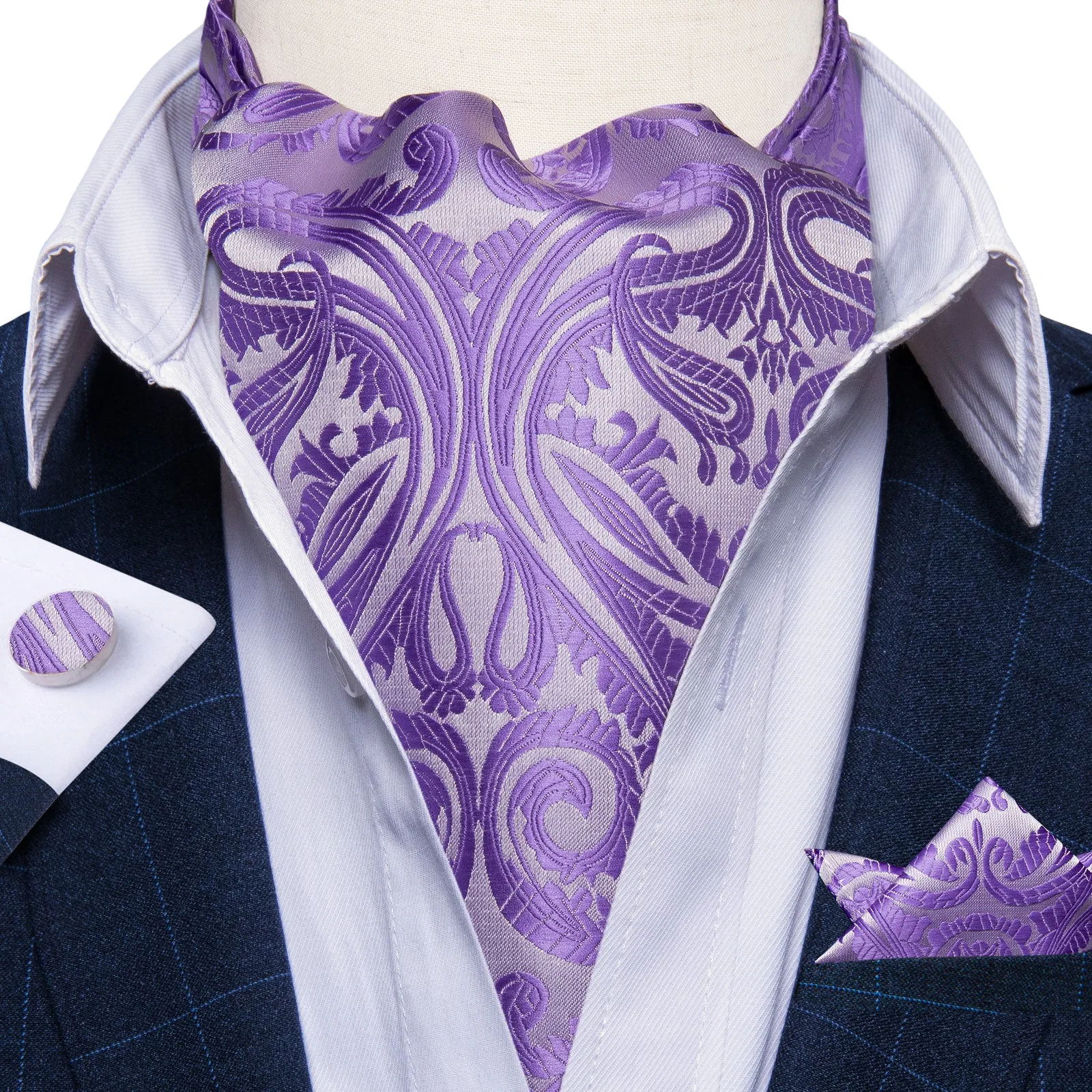 Silver Purple Paisley Ascot Cravat Tie Pocket Square Cufflinks Set sold by Ties2You