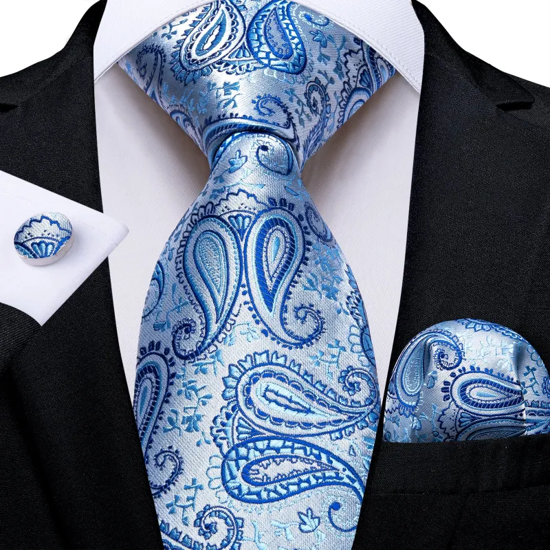 Silver Blue Paisley Silk Men's Necktie Pocket Square Cufflinks Set sold by Ties2You