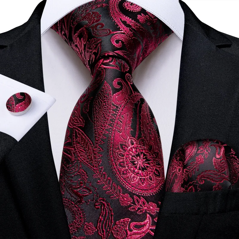 Purple Red Paisley Silk Men's Necktie Pocket Square Cufflinks Set sold by Ties2You