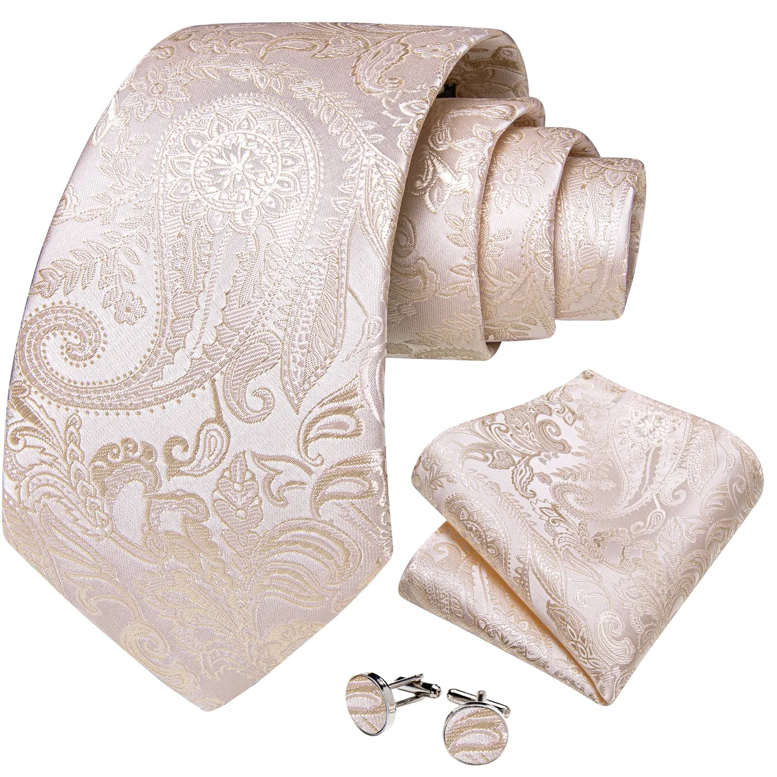 Beige White Paisley Silk Men's Necktie Pocket Square Cufflinks Set sold by Ties2You product image thumbnail 2