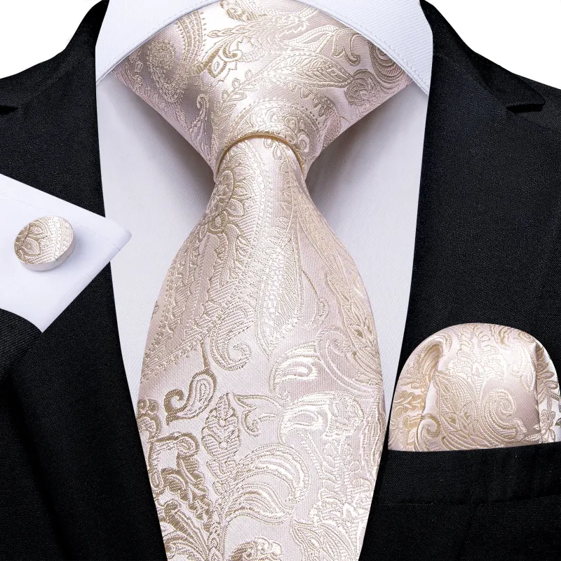 Beige White Paisley Silk Men's Necktie Pocket Square Cufflinks Set sold by Ties2You
