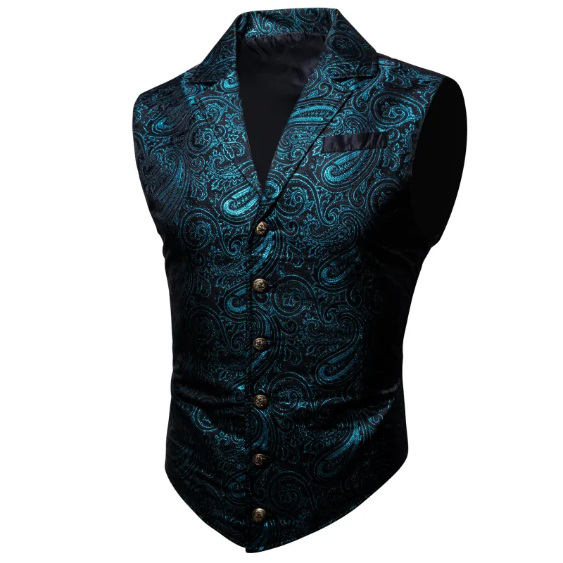 Black Blue Paisley Jacquard Men's Collar Victorian Suit Vest sold by Ties2You
