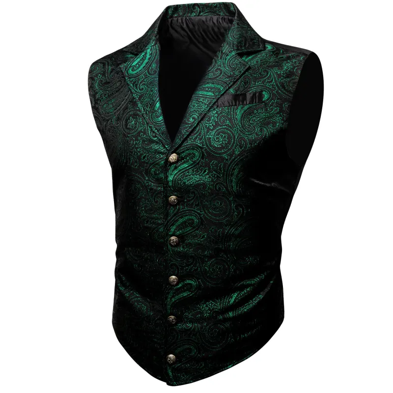 Ties2you Men's Vest Black Green Paisley Jacquard Notched Collar Slim Victorian Suit Vest sold by Ties2You