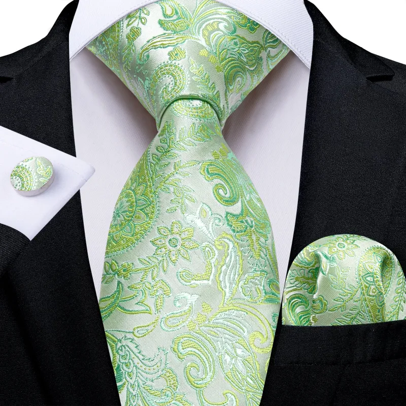 Light Green Paisley Silk Men's Necktie Pocket Square Cufflinks Set sold by Ties2You