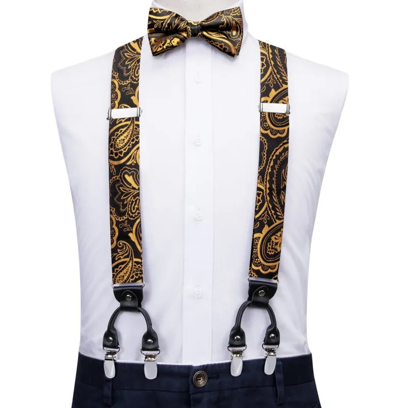 Black Golden Paisley Y Back Brace Clip-on Men's Suspender with Bow Tie Set sold by Ties2You