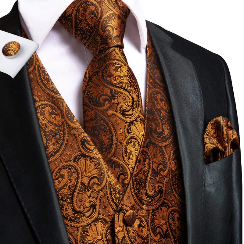 Ties2you Marigold Silk Formal Vest Paisley 4PCS Silk Tuxedo Vest Tie Hanky Cufflinks Set sold by Ties2You