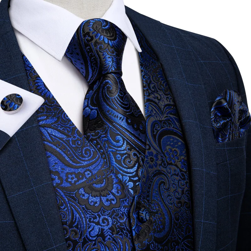 Dark Blue Paisley Jacquard Silk Men's Vest Hanky Cufflinks Tie Set sold by Ties2You