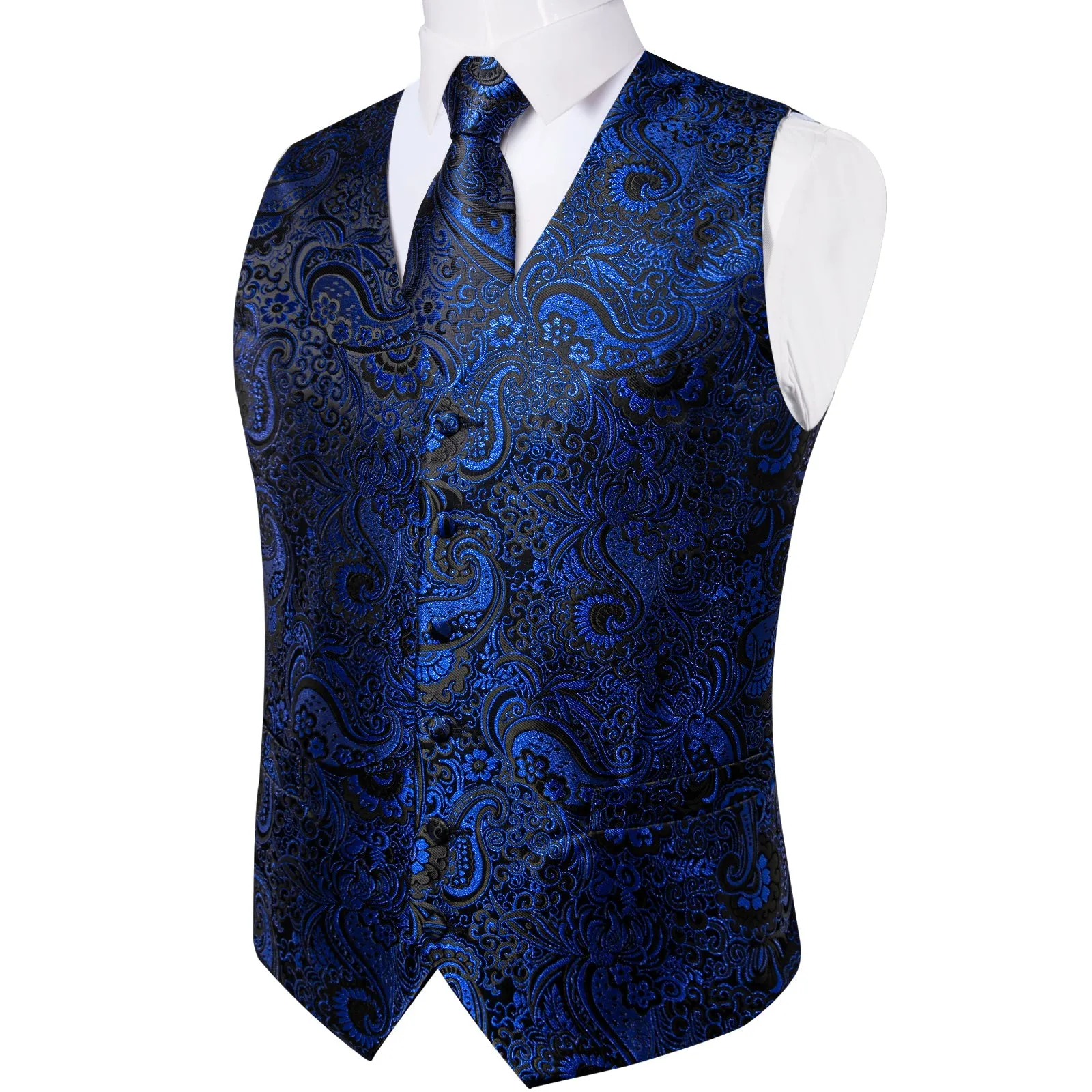 Dark Blue Paisley Jacquard Silk Men's Vest Hanky Cufflinks Tie Set sold by Ties2You product image thumbnail 5