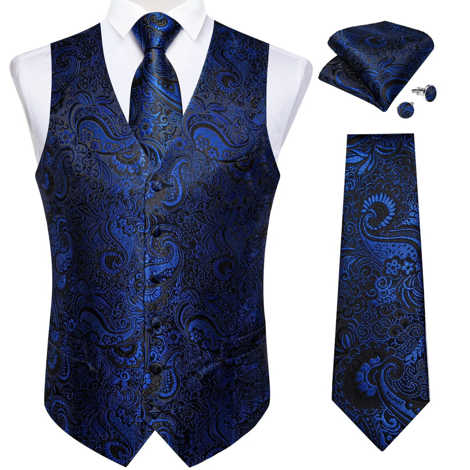 Dark Blue Paisley Jacquard Silk Men's Vest Hanky Cufflinks Tie Set sold by Ties2You product image thumbnail 3