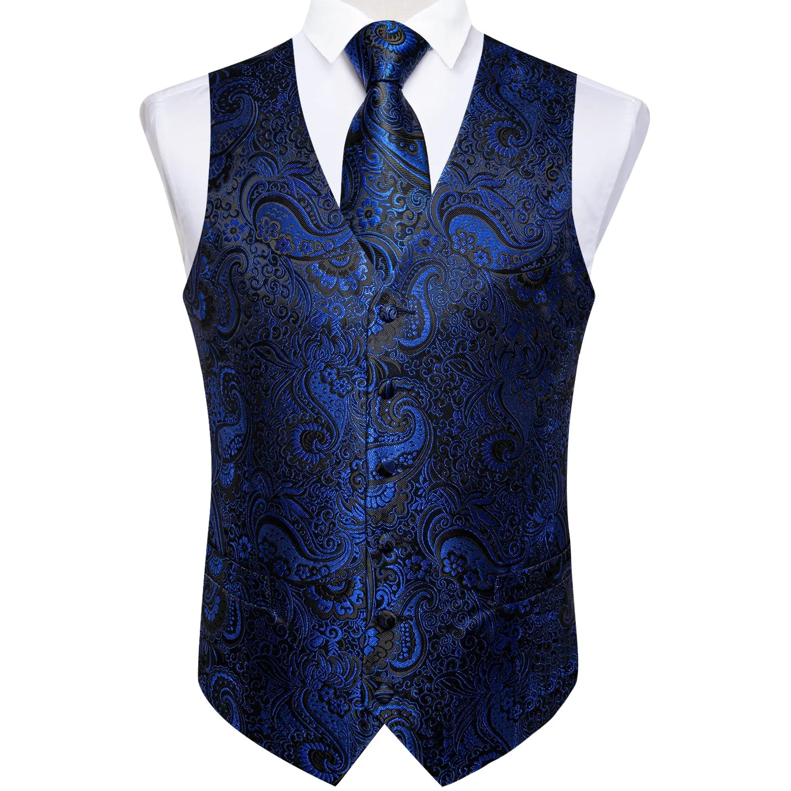 Dark Blue Paisley Jacquard Silk Men's Vest Hanky Cufflinks Tie Set sold by Ties2You product image thumbnail 4