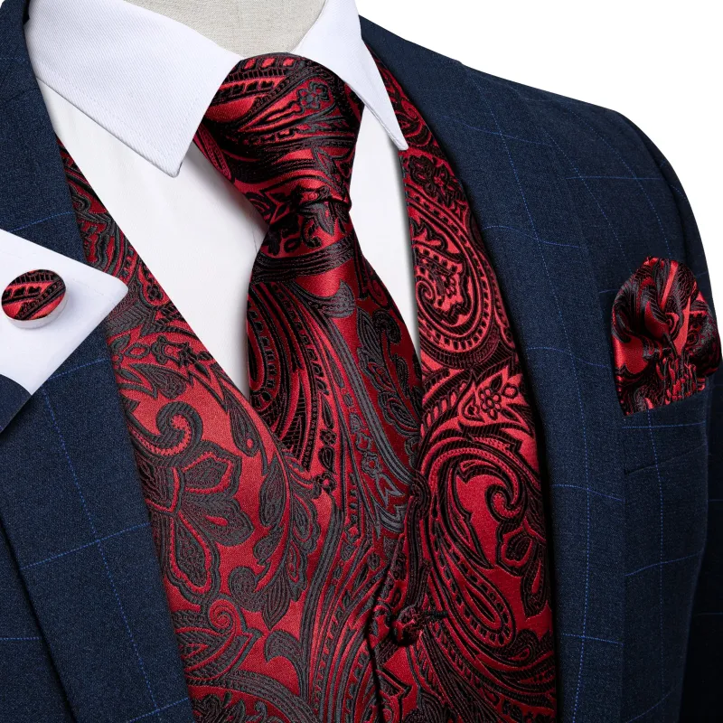 Red Black Paisley Jacquard Silk Men's Vest Hanky Cufflinks Tie Set sold by Ties2You