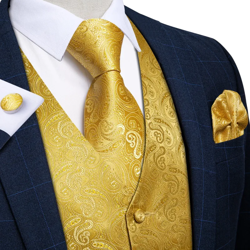 Ties2you Gold Silk Dress Vest Paisley Silm Fit Suit Waistcoat Tie Hanky Cufflinks Set sold by Ties2You