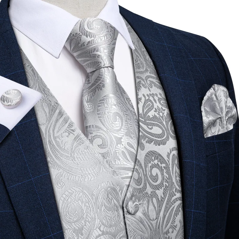 Silver Grey Paisley Jacquard Silk Men's Vest Hanky Cufflinks Tie Set sold by Ties2You