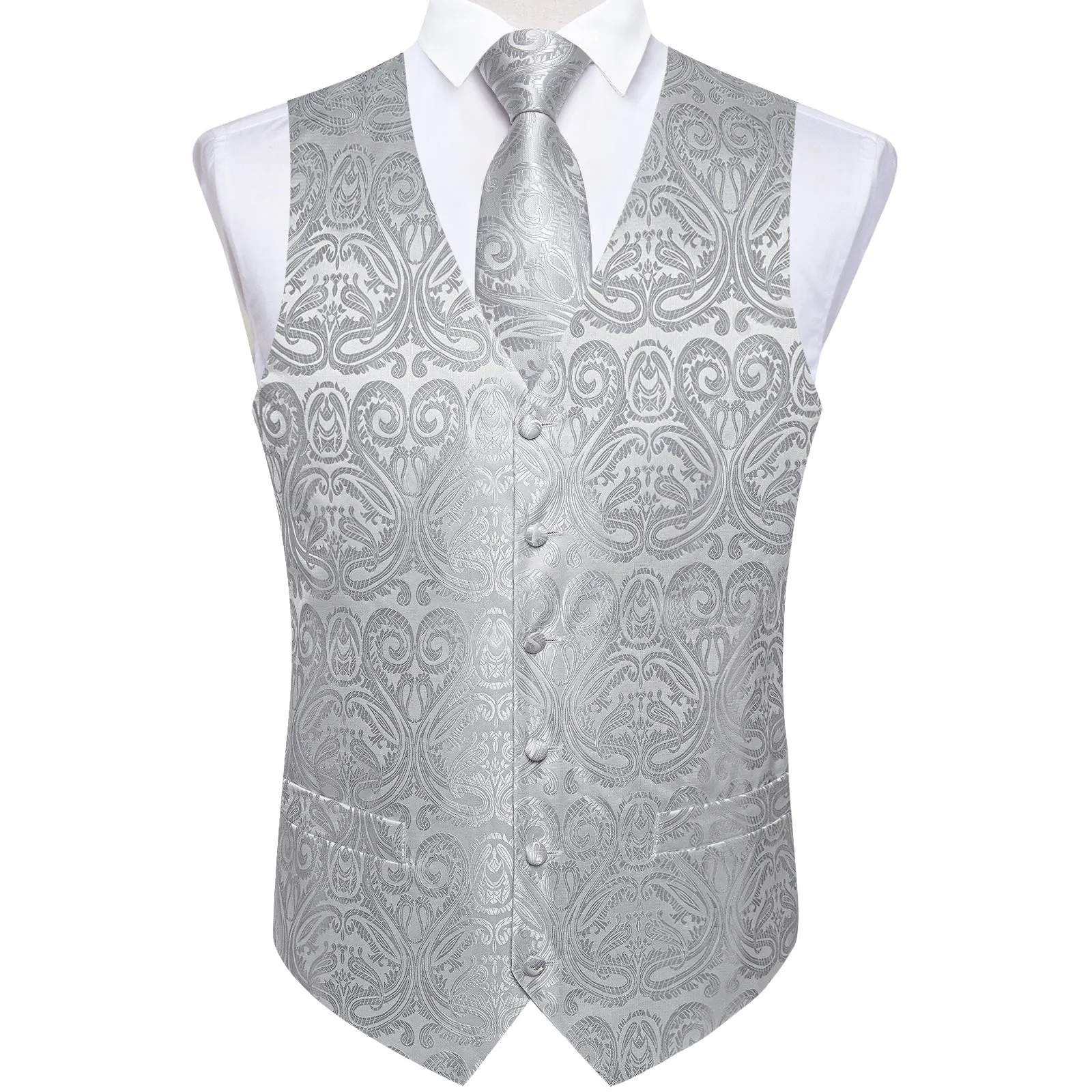 Silver Grey Paisley Jacquard Silk Men's Vest Hanky Cufflinks Tie Set sold by Ties2You product image thumbnail 4
