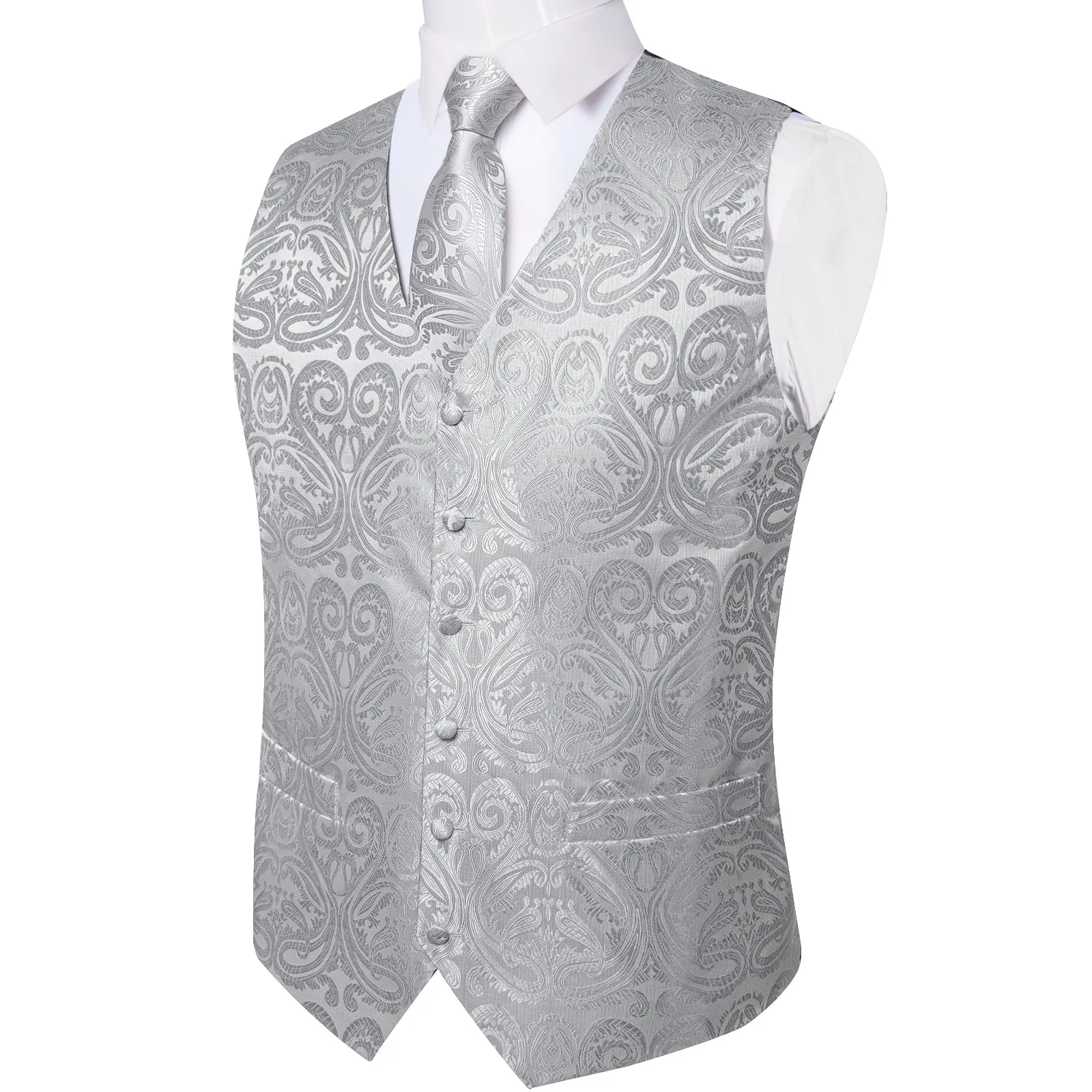 Silver Grey Paisley Jacquard Silk Men's Vest Hanky Cufflinks Tie Set sold by Ties2You product image thumbnail 5