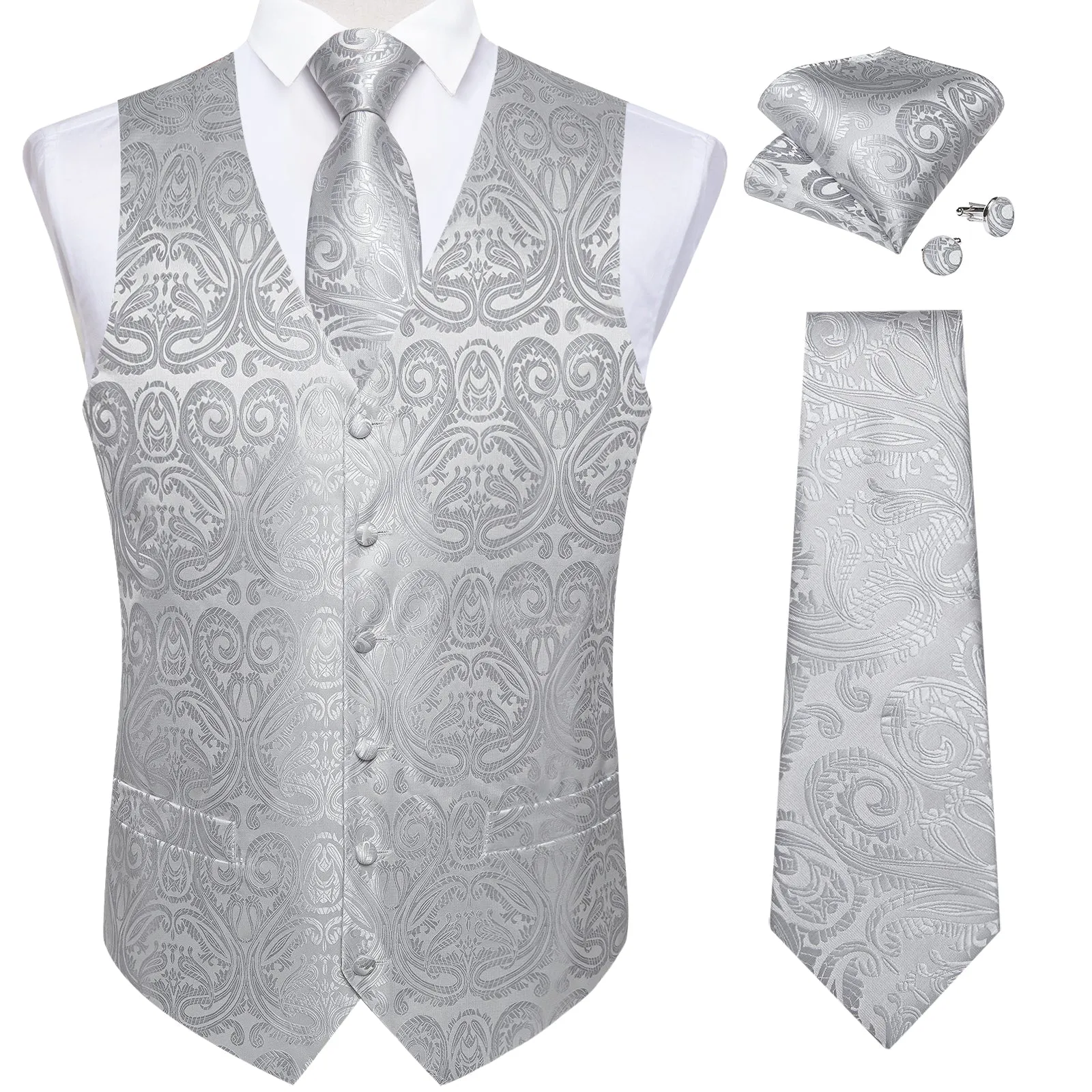 Silver Grey Paisley Jacquard Silk Men's Vest Hanky Cufflinks Tie Set sold by Ties2You product image thumbnail 2