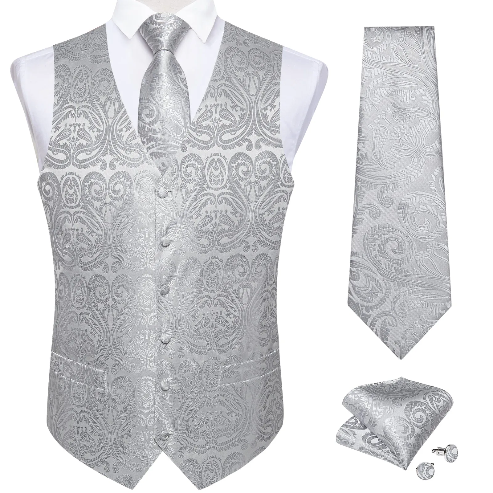 Silver Grey Paisley Jacquard Silk Men's Vest Hanky Cufflinks Tie Set sold by Ties2You product image thumbnail 3