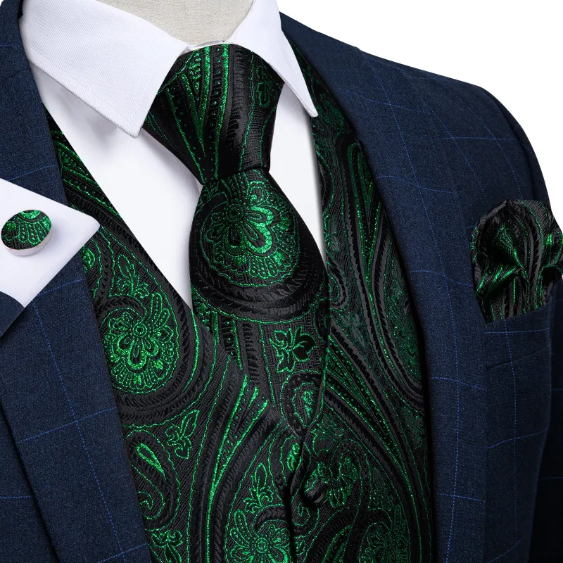 Black Green Paisley Jacquard Silk Men's Vest Hanky Cufflinks Tie Set sold by Ties2You