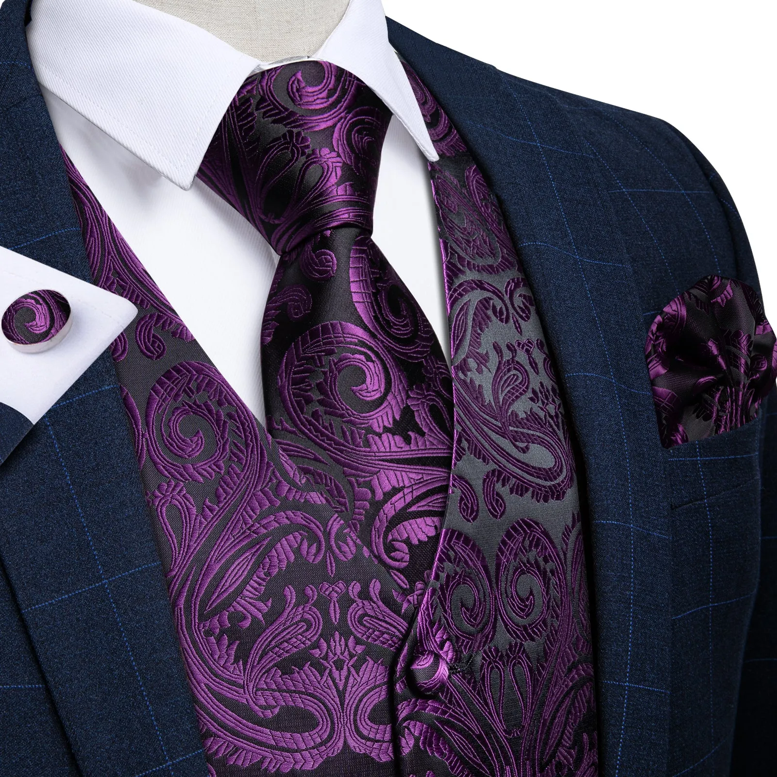 Black Purple Paisley Jacquard Silk Men's Vest Hanky Cufflinks Tie Set sold by Ties2You