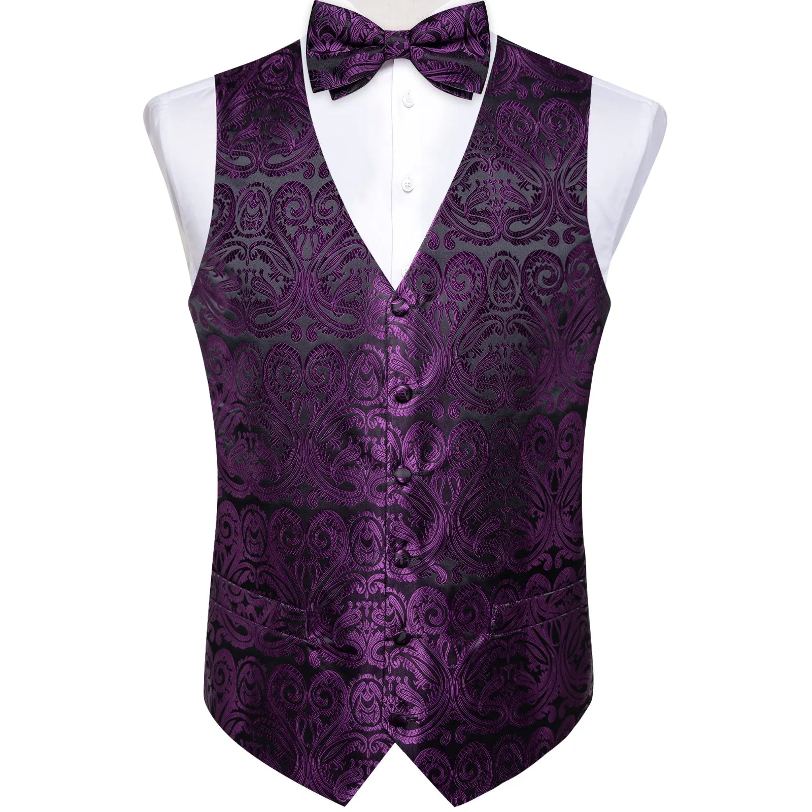 Black Purple Paisley Jacquard Silk Men's Vest Hanky Cufflinks Tie Set sold by Ties2You product image thumbnail 3