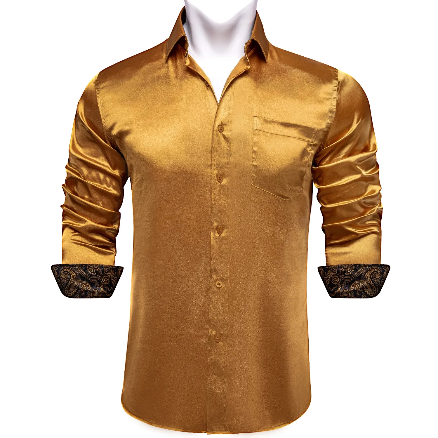 Splicing Style Golden with Black Paisley Edge Men's Solid Long Sleeve Shirt sold by Ties2You product image thumbnail 2