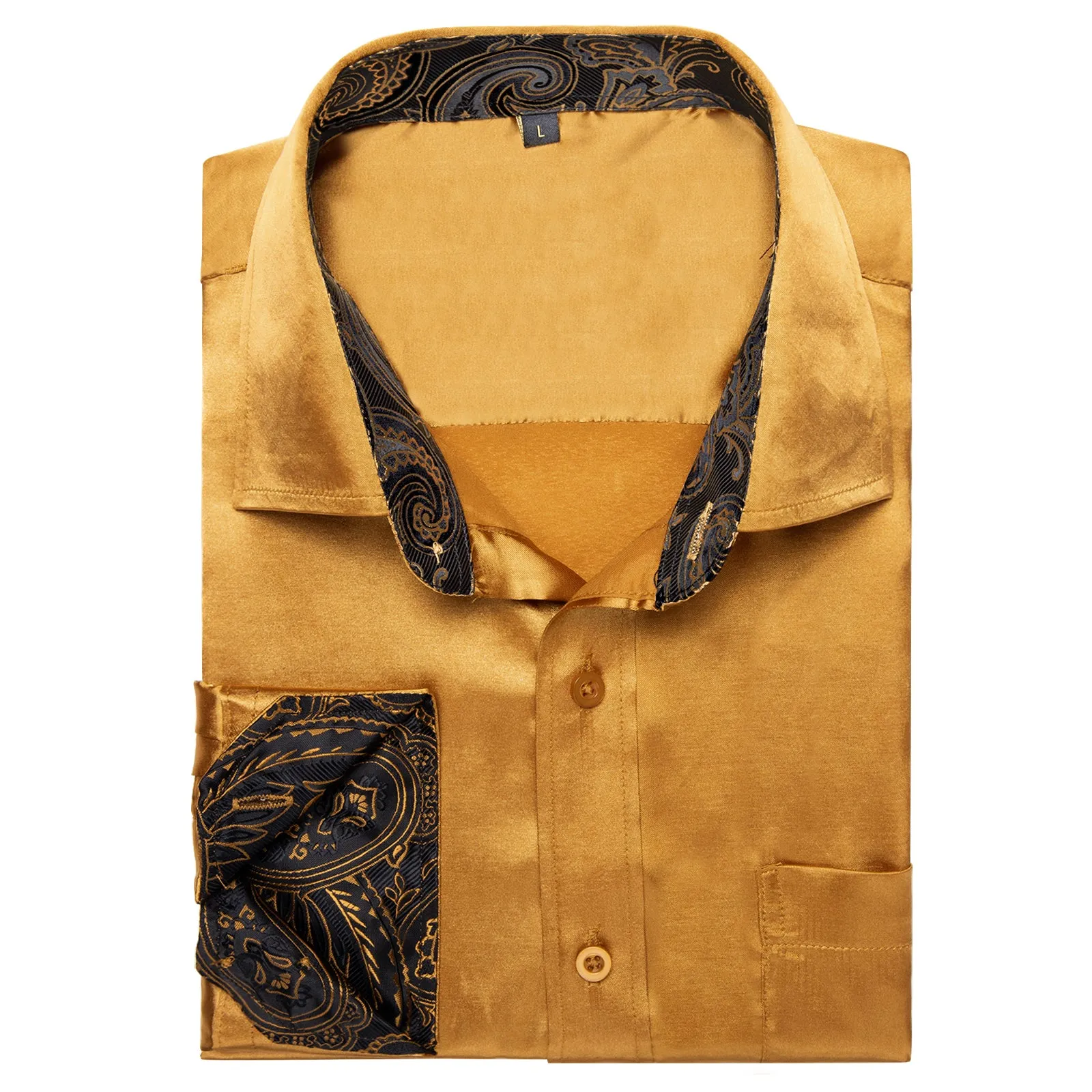 Splicing Style Golden with Black Paisley Edge Men's Solid Long Sleeve Shirt sold by Ties2You product image thumbnail 4