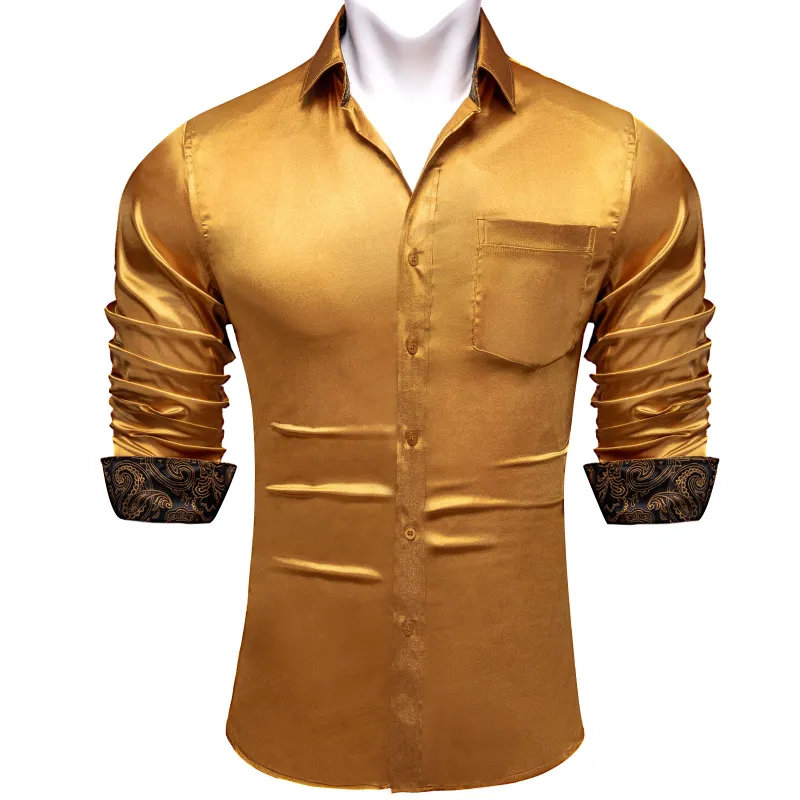 Splicing Style Golden with Black Paisley Edge Men's Solid Long Sleeve Shirt sold by Ties2You