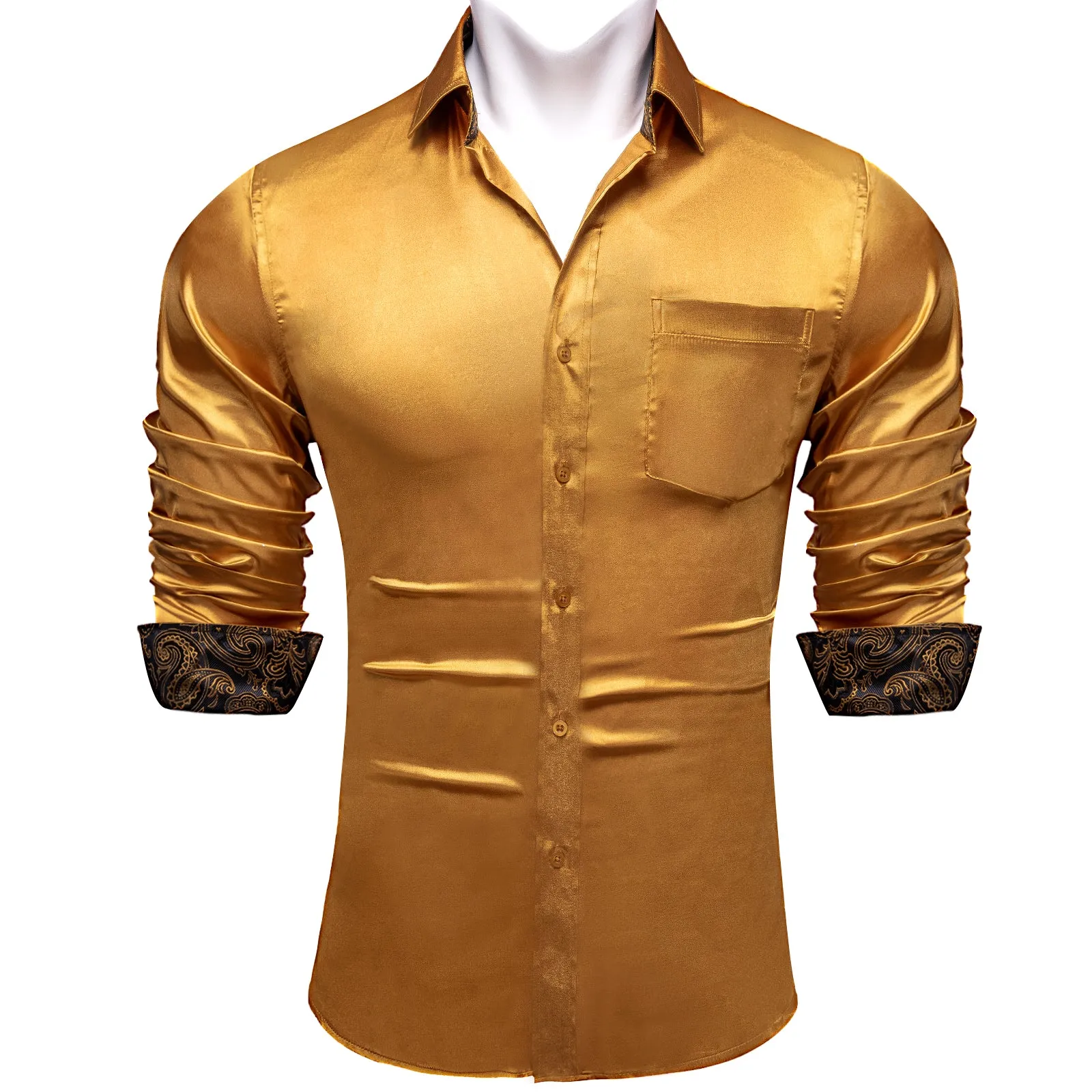 Splicing Style Golden with Black Paisley Edge Men's Solid Long Sleeve Shirt sold by Ties2You