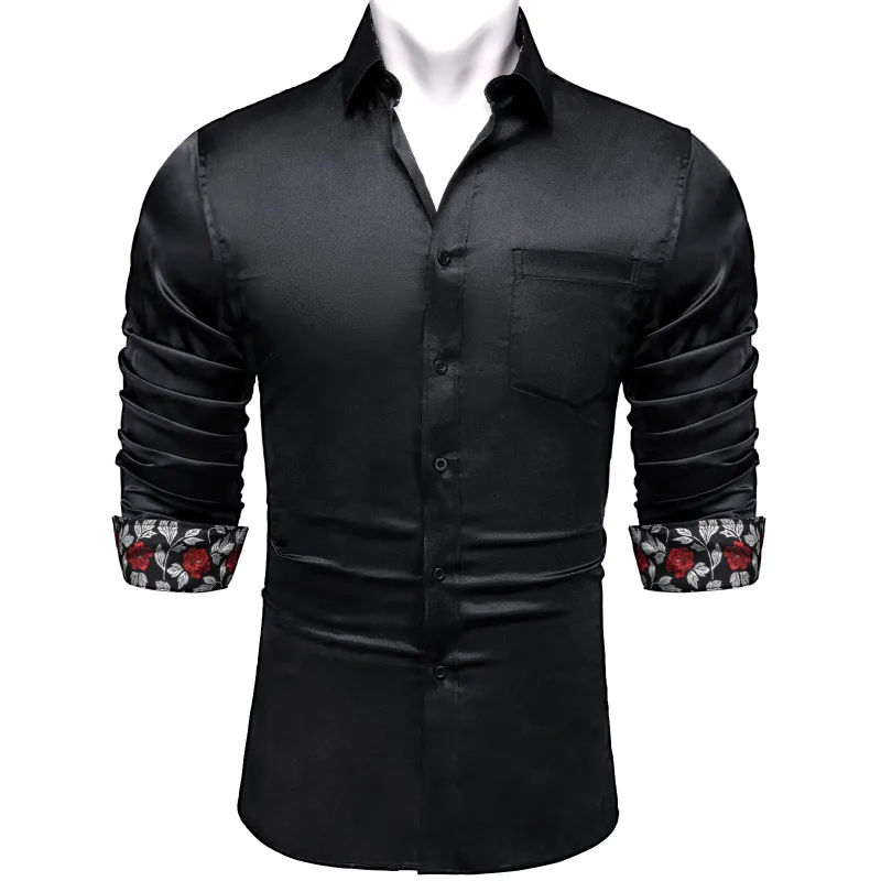 Splicing Style Black with White Floral Edge Men's Solid Long Sleeve Shirt sold by Ties2You