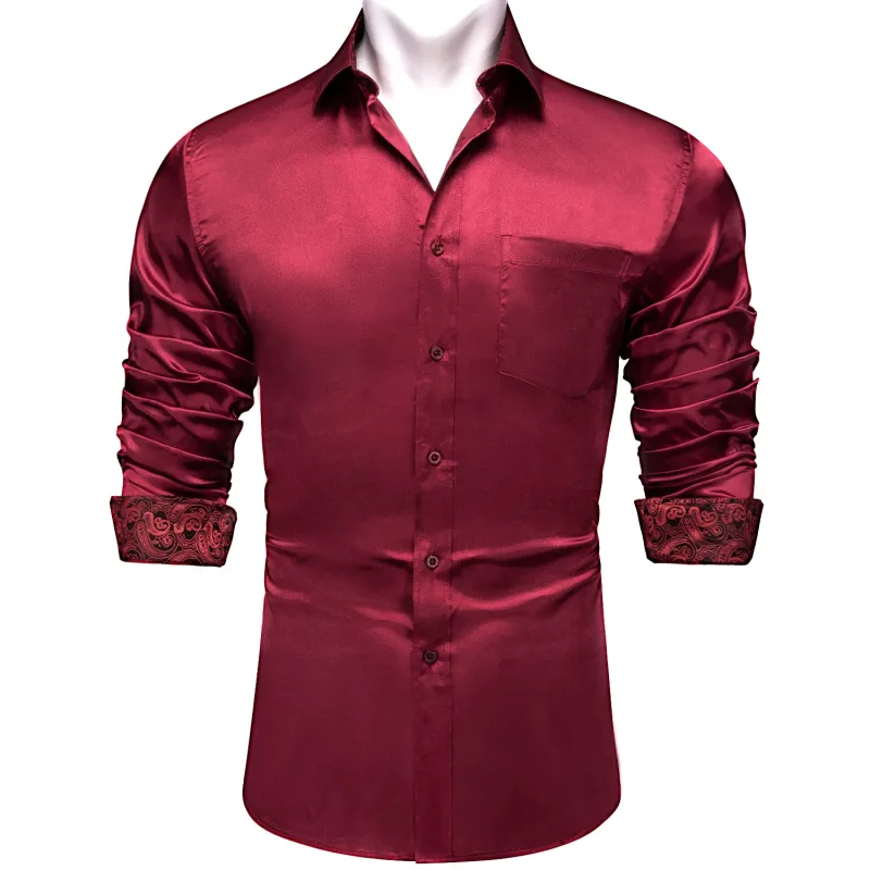 Splicing Style Burgundy Red with Red Paisley Edge Men's Solid Long Sleeve Shirt sold by Ties2You