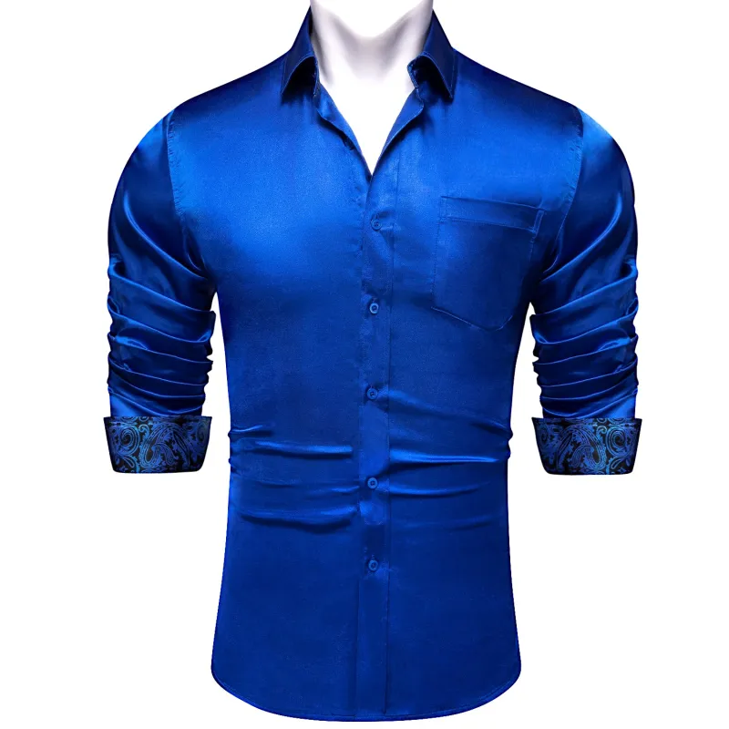 Splicing Style Royal Blue with Blue Paisley Edge Men's Solid Long Sleeve Shirt sold by Ties2You