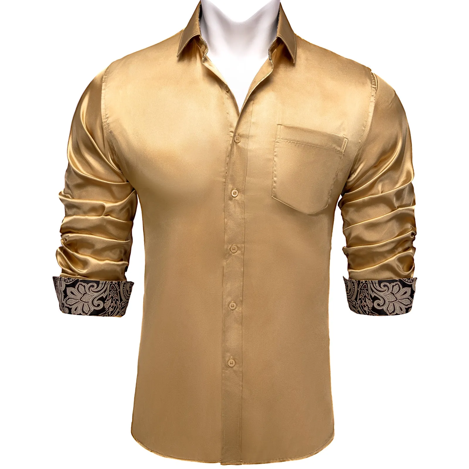 Splicing Style Champagne Yellow with Black Paisley Edge Men's Solid Long Sleeve Shirt sold by Ties2You product image thumbnail 2