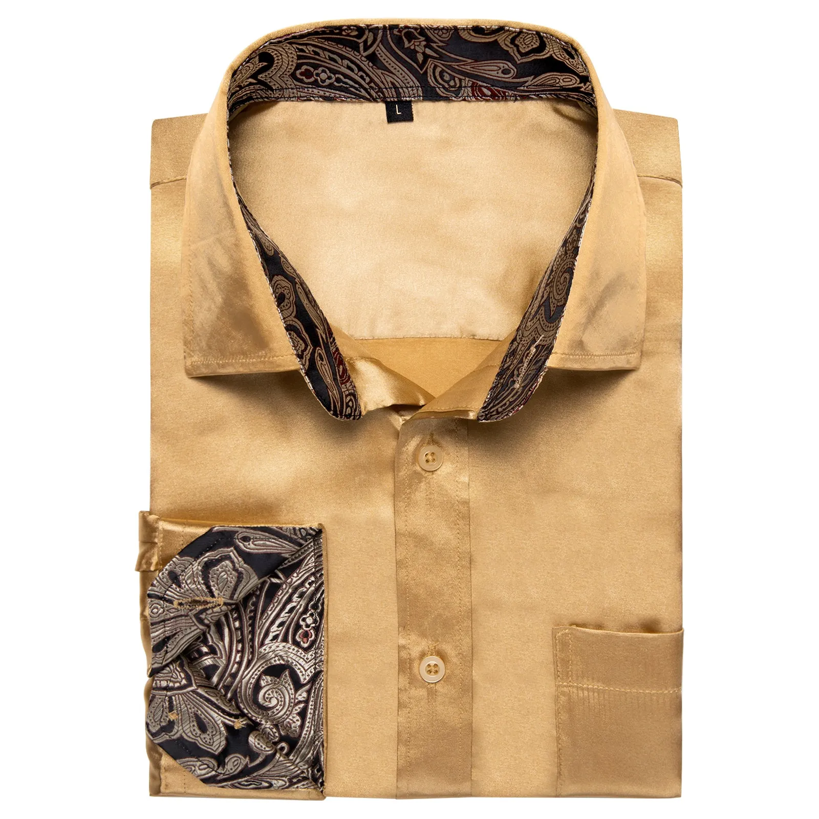 Splicing Style Champagne Yellow with Black Paisley Edge Men's Solid Long Sleeve Shirt sold by Ties2You product image thumbnail 4