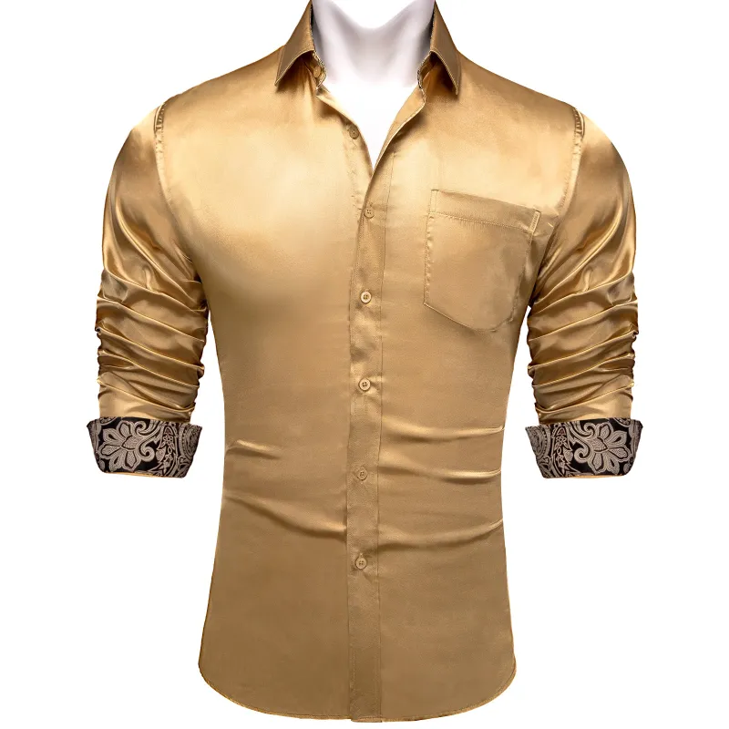 Splicing Style Champagne Yellow with Black Paisley Edge Men's Solid Long Sleeve Shirt sold by Ties2You