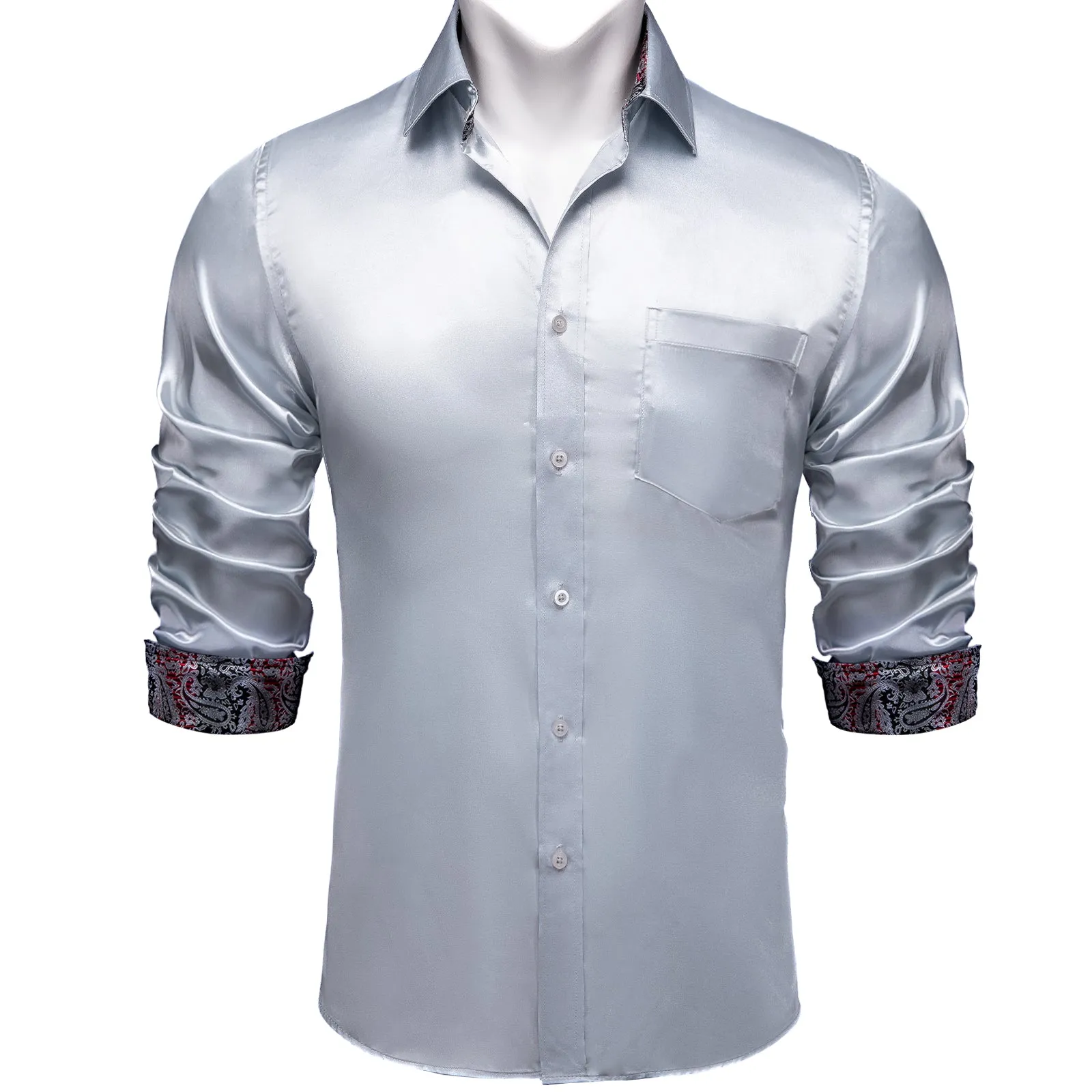 Splicing Style Silver Grey with Black Paisley Edge Men's Solid Long Sleeve Shirt sold by Ties2You product image thumbnail 2
