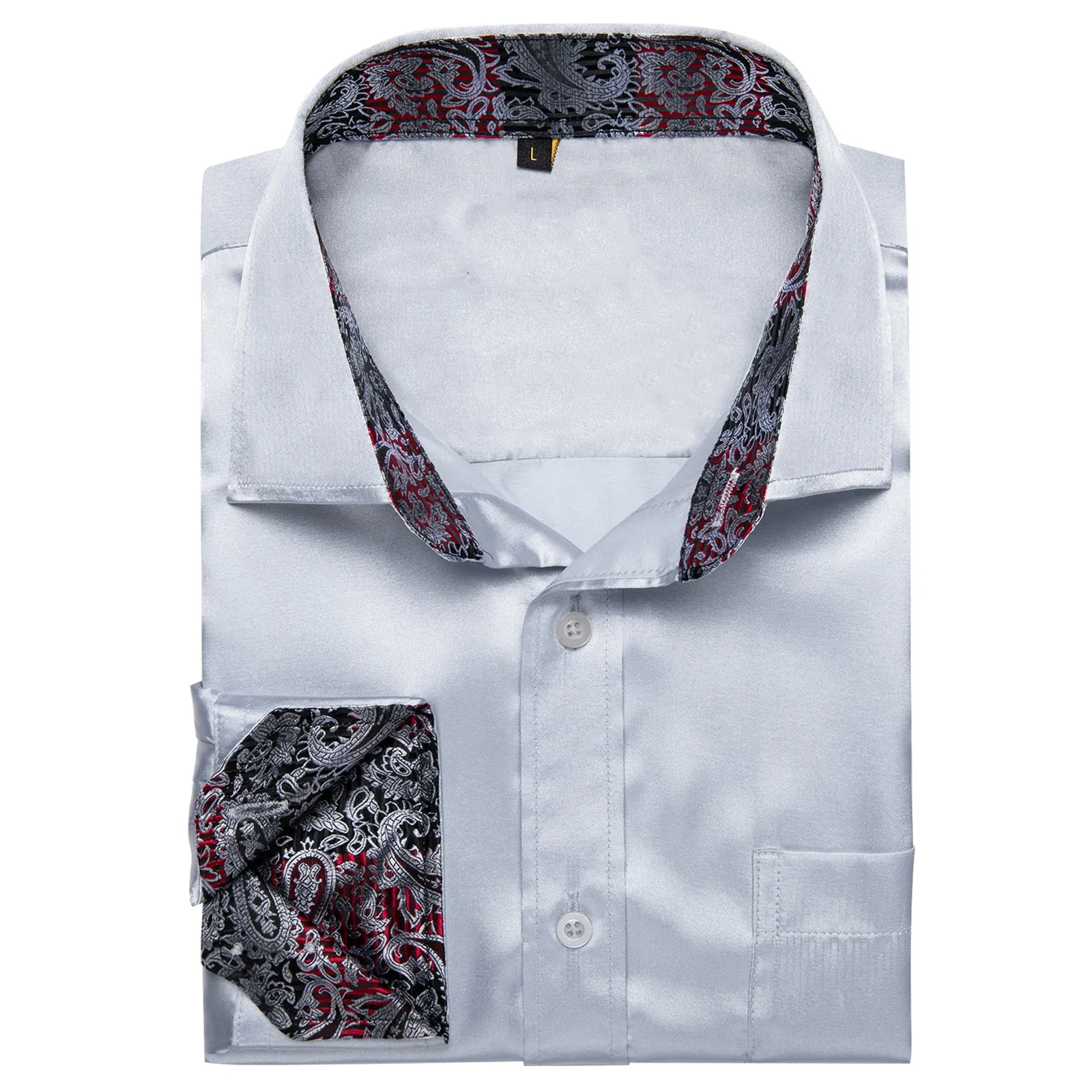 Splicing Style Silver Grey with Black Paisley Edge Men's Solid Long Sleeve Shirt sold by Ties2You product image thumbnail 5