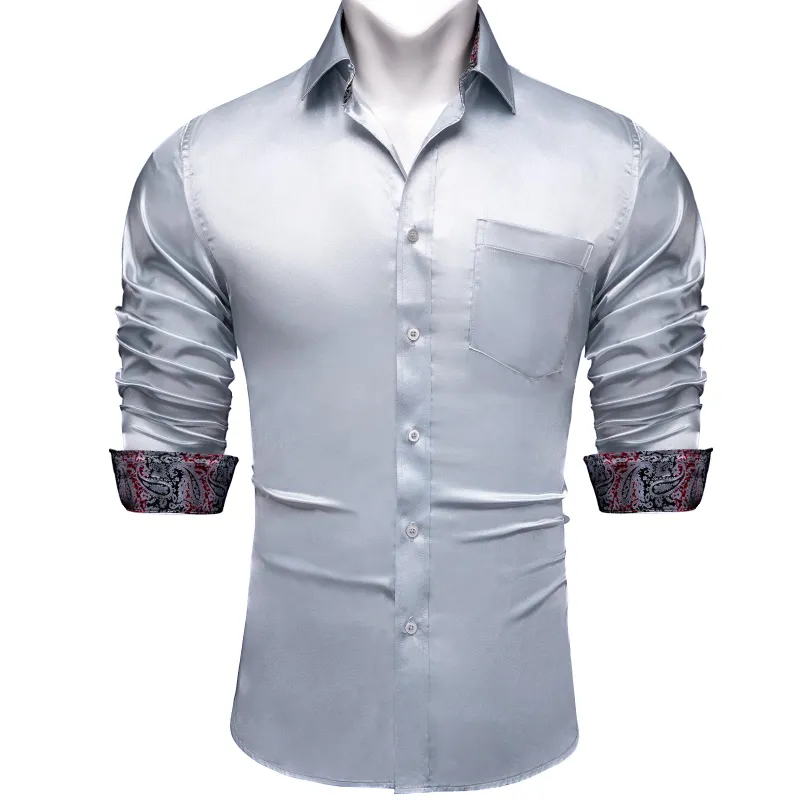 Splicing Style Silver Grey with Black Paisley Edge Men's Solid Long Sleeve Shirt sold by Ties2You