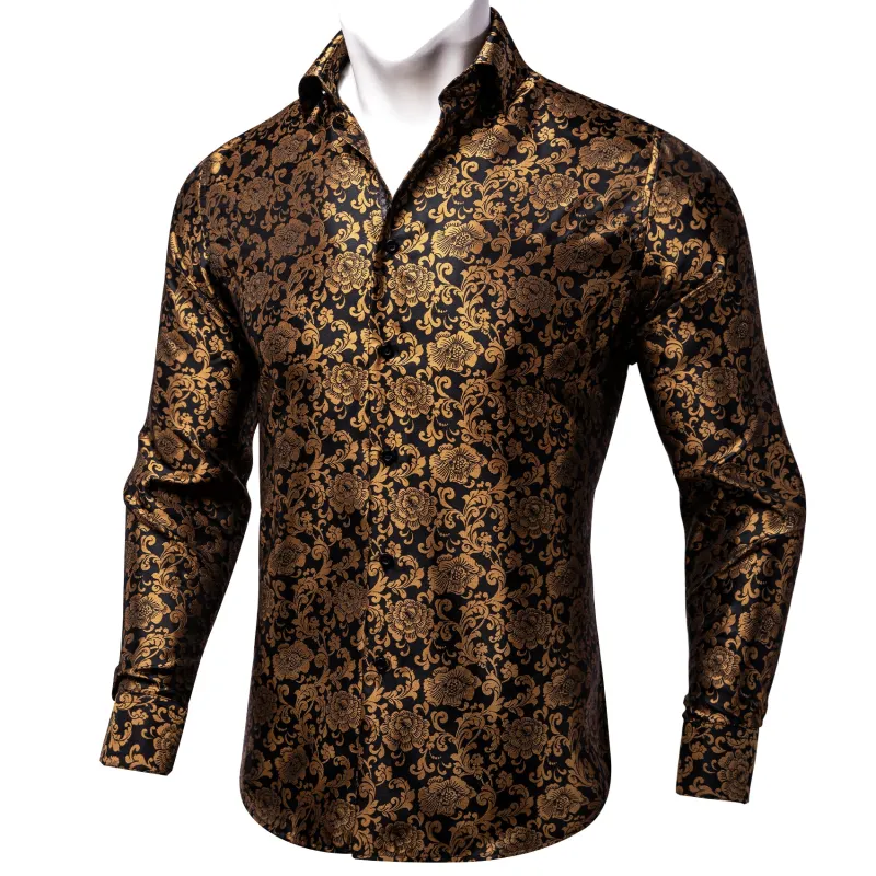 Golden Brown Floral Silk Men's Long Sleeve Shirt sold by Ties2You