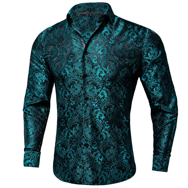 Black Teal Blue Floral Silk Men's Long Sleeve Shirt sold by Ties2You