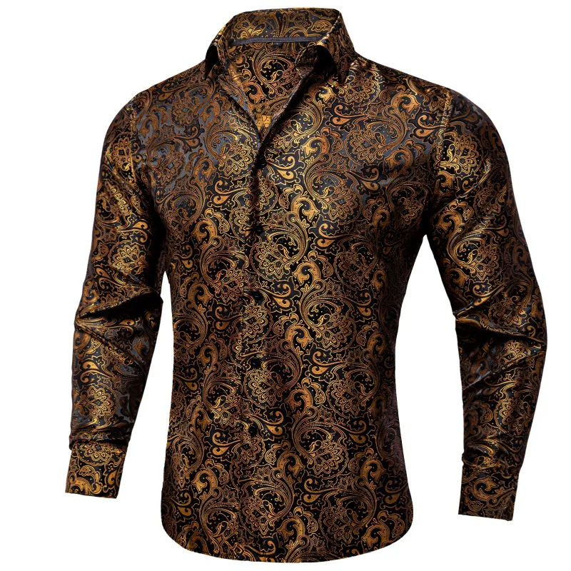 Black Golden Floral Silk Men's Long Sleeve Shirt sold by Ties2You