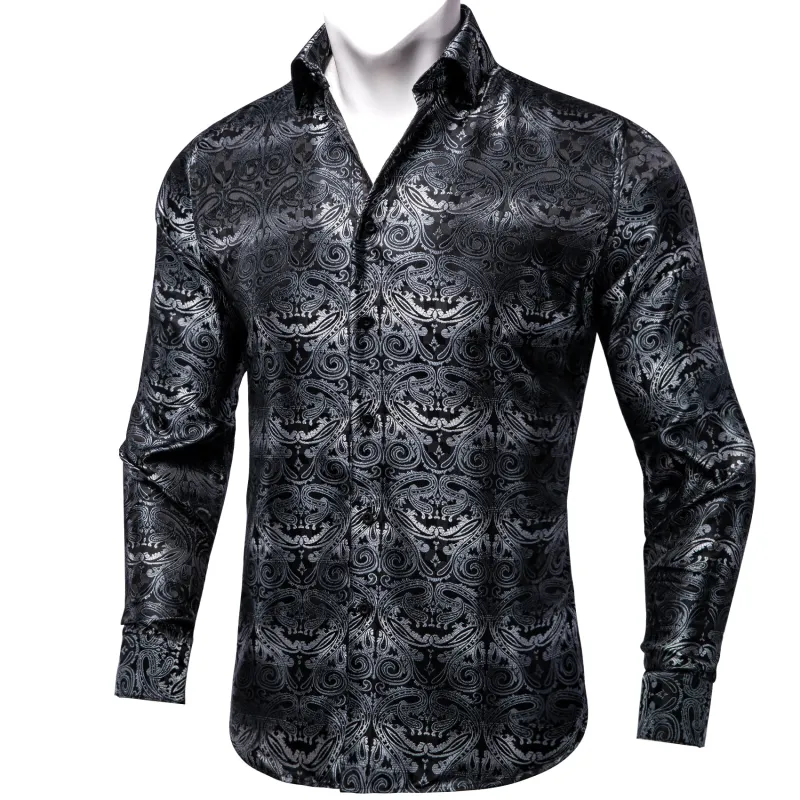 Black Gradient Grey Paisley Silk Men's Long Sleeve Shirt sold by Ties2You