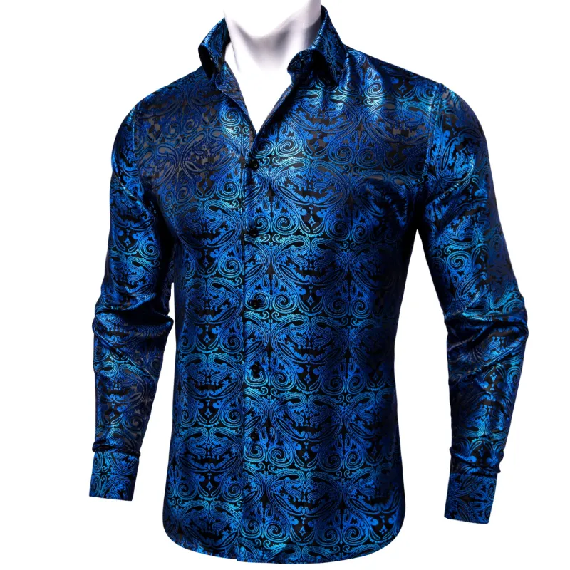 Black Gradient Blue Paisley Silk Men's Long Sleeve Shirt sold by Ties2You