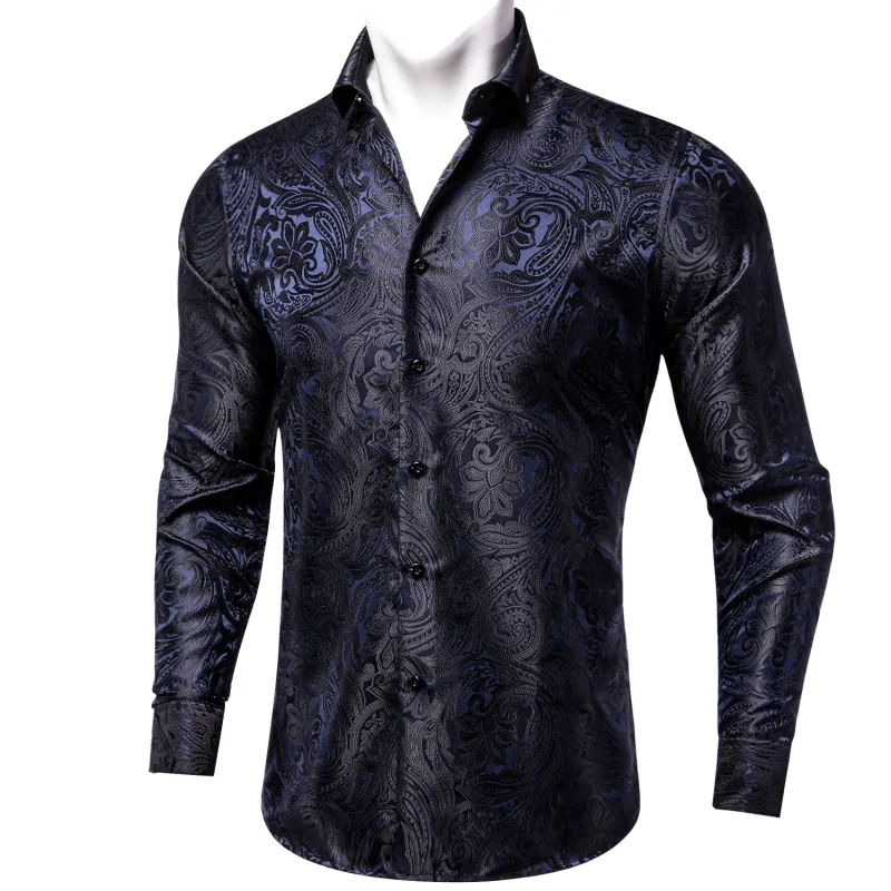 Dark Blue Paisley Silk Men's Long Sleeve Shirt sold by Ties2You